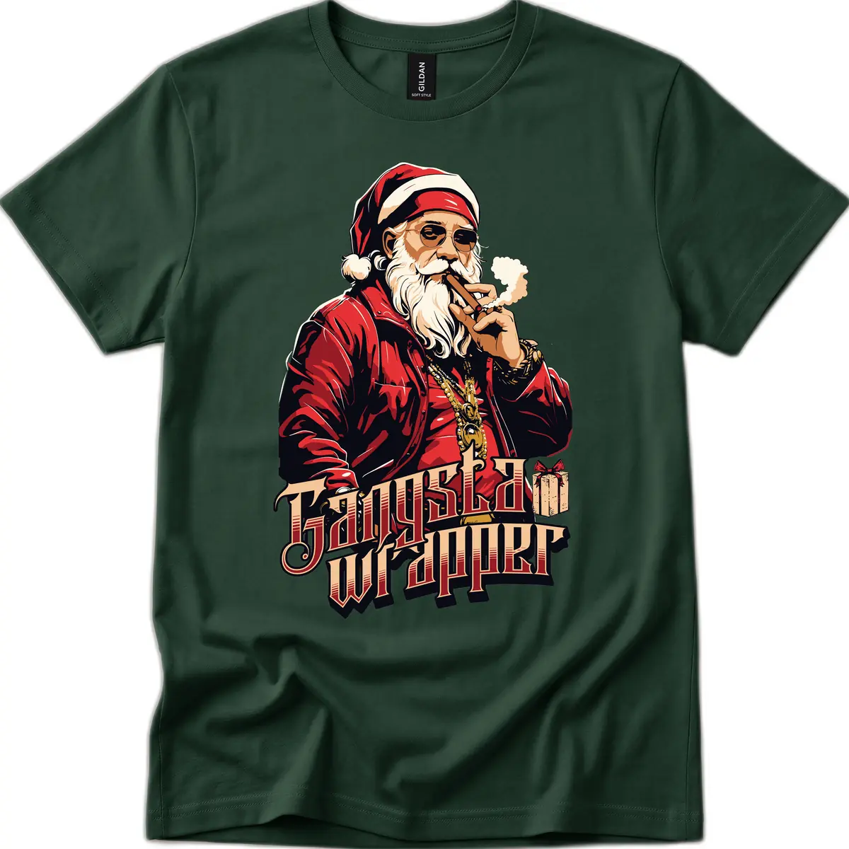 Gangsta Wrapper Christmas Design T-Shirt in Forest Green