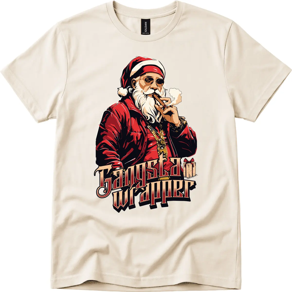 Gangsta Wrapper Christmas Design T-Shirt in Natural