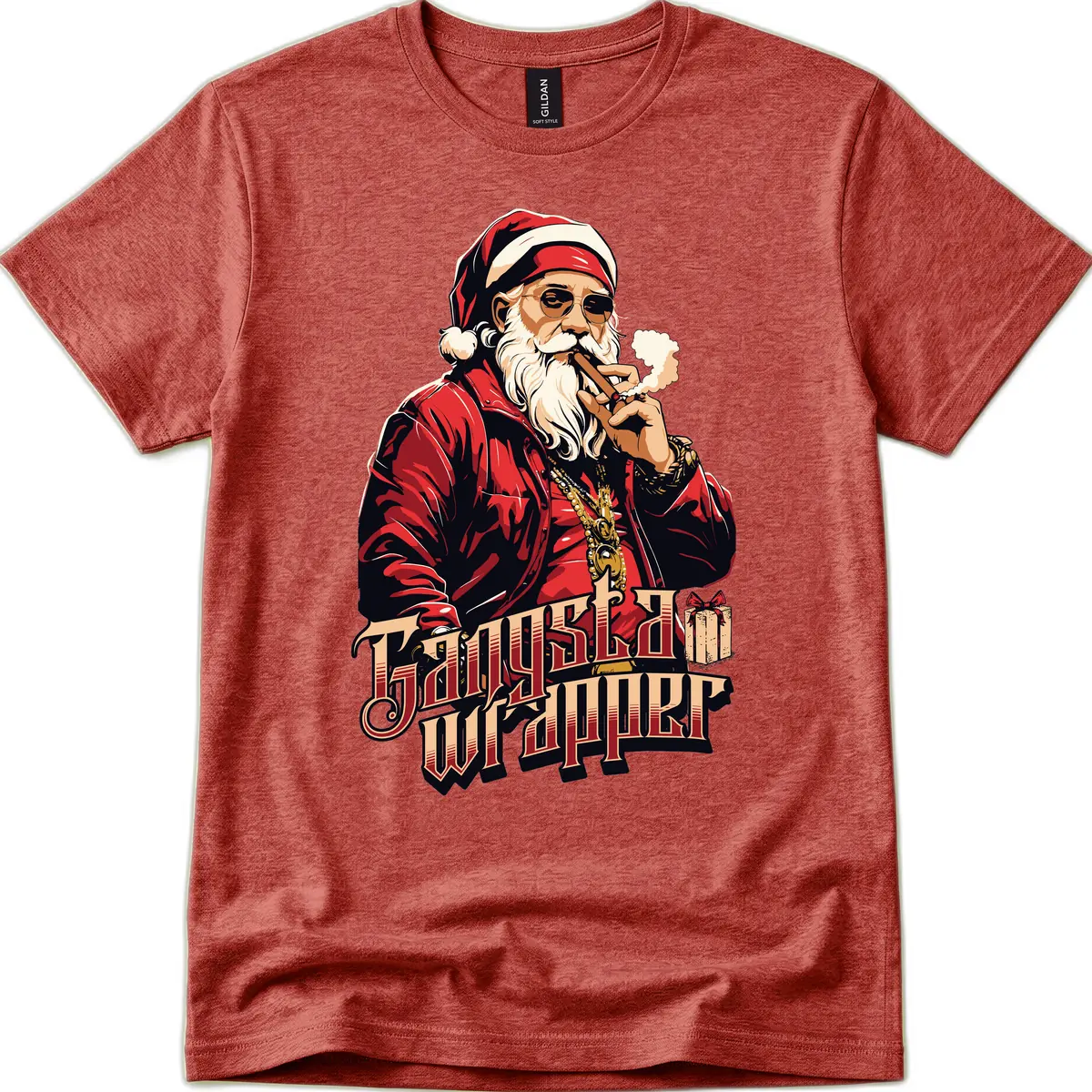 Gangsta Wrapper Christmas Design T-Shirt in Heather Cardinal