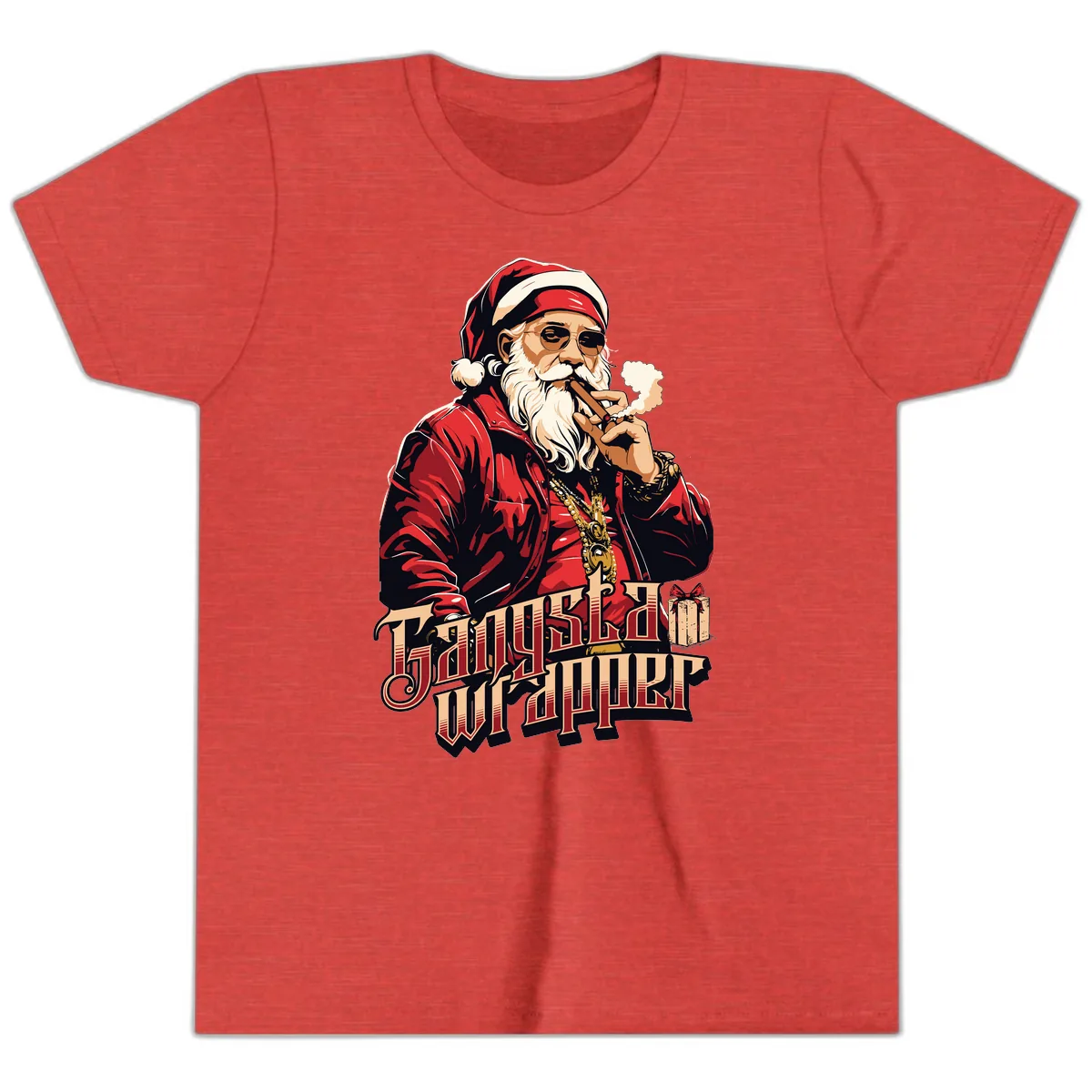Gangsta Wrapper Christmas Design Youth T-Shirt in Heather Red