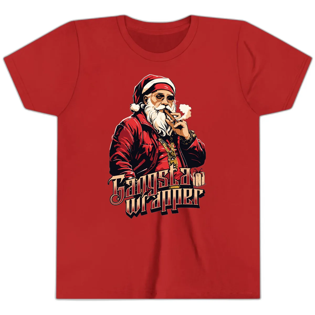 Gangsta Wrapper Christmas Design Youth T-Shirt in Red