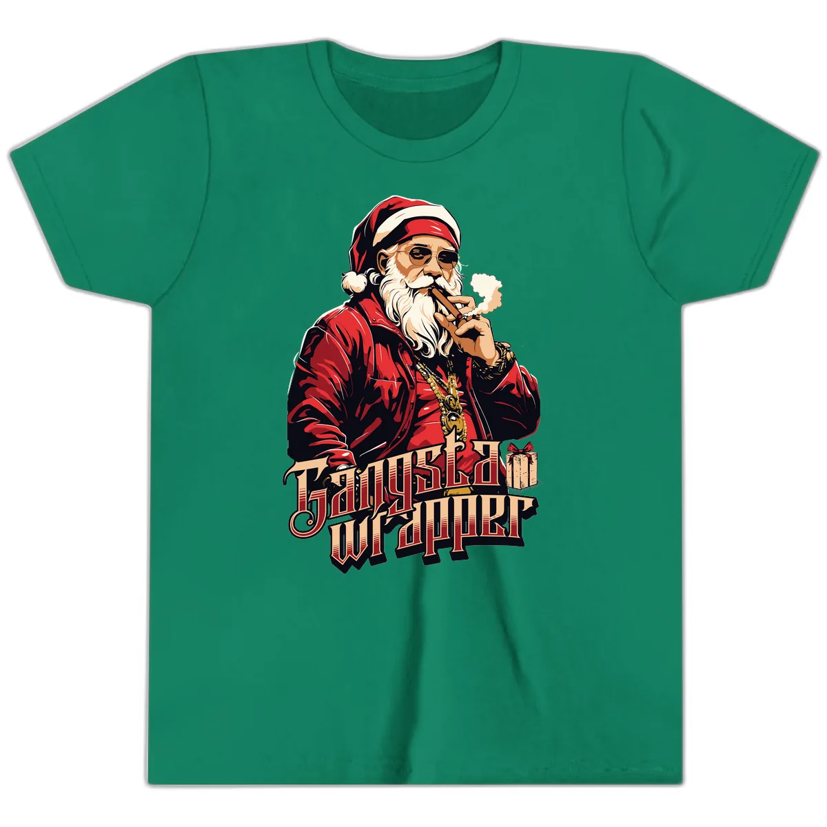 Gangsta Wrapper Christmas Design Youth T-Shirt in Kelly