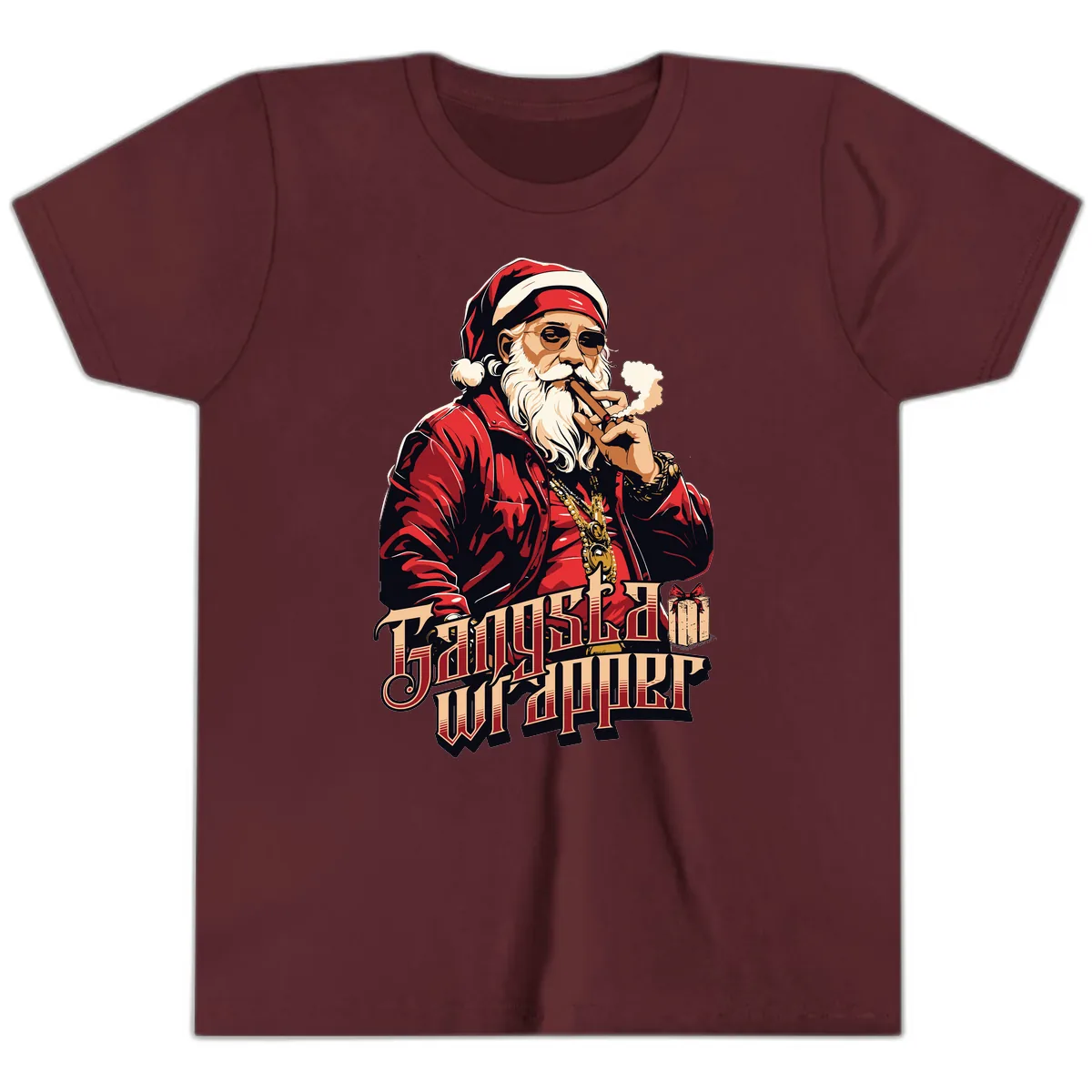 Gangsta Wrapper Christmas Design Youth T-Shirt in Maroon