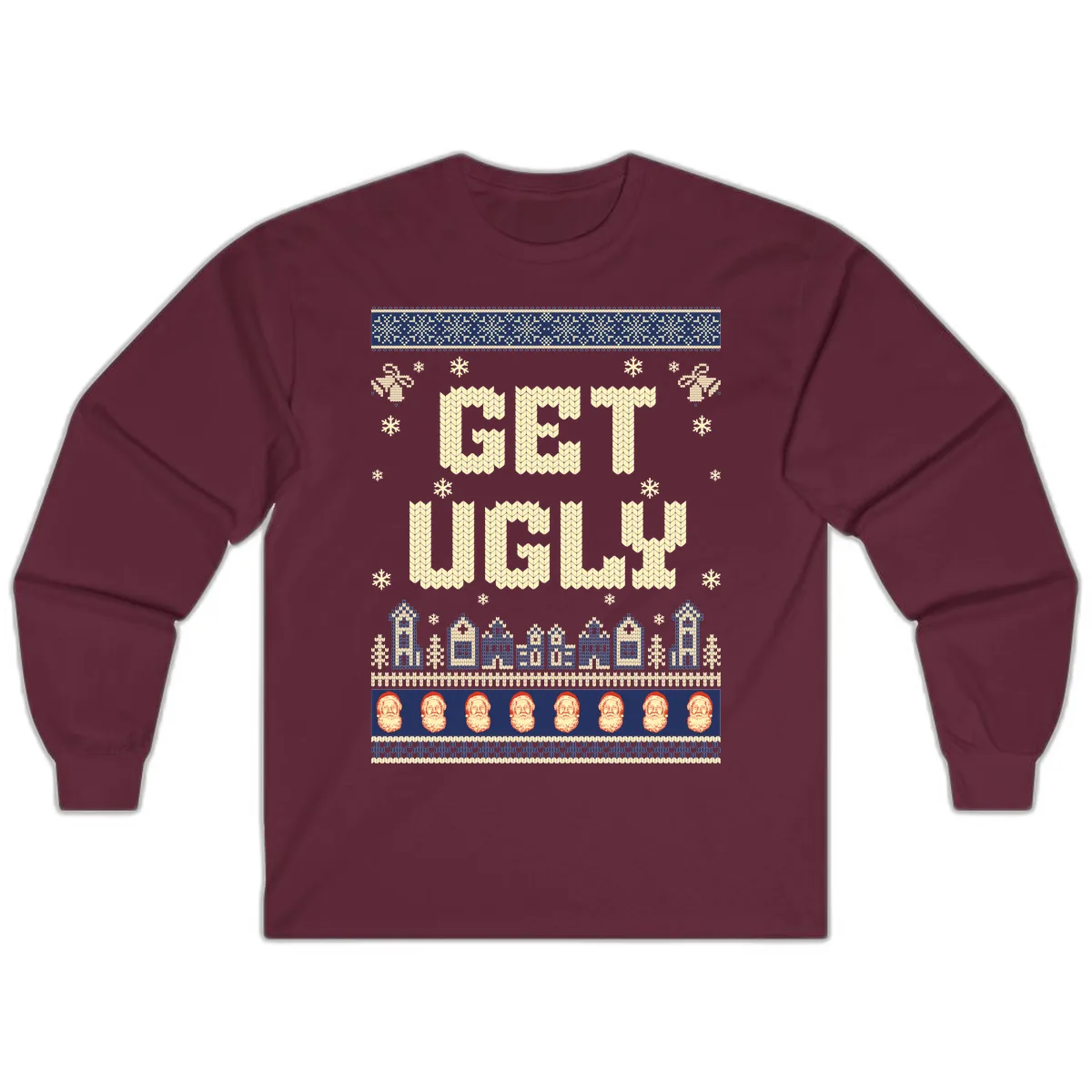 Get Ugly Christmas Sweater Design Long Sleeve in Maroon