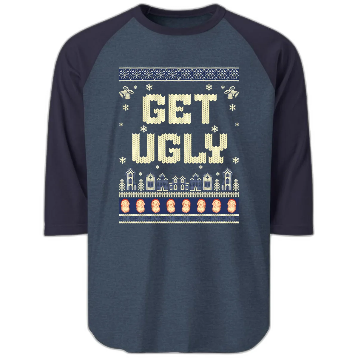 Get Ugly Christmas Sweater Design Raglan 3/4 in Heather Denim Navy