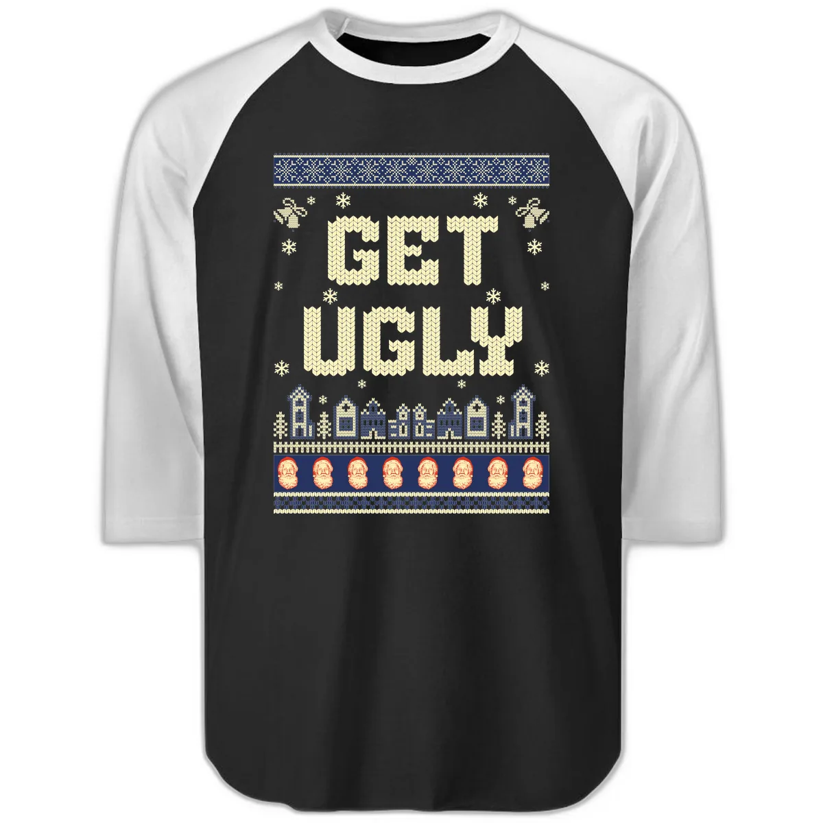 Get Ugly Christmas Sweater Design Raglan 3/4 in Black White