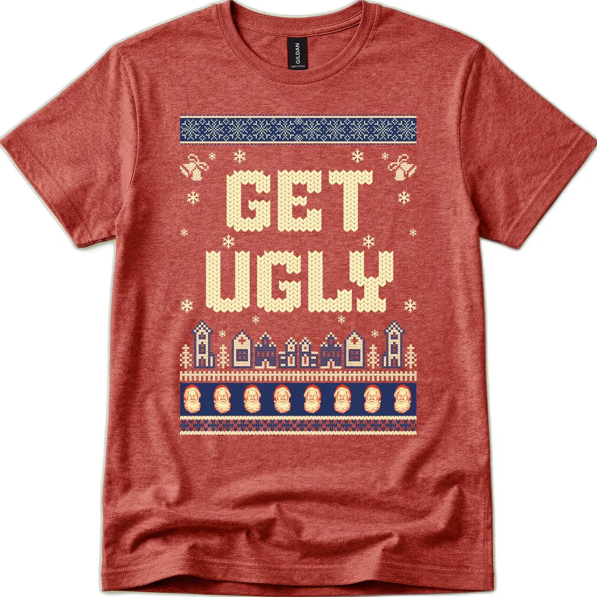 Get Ugly Christmas Sweater Design T-Shirt in Heather Cardinal
