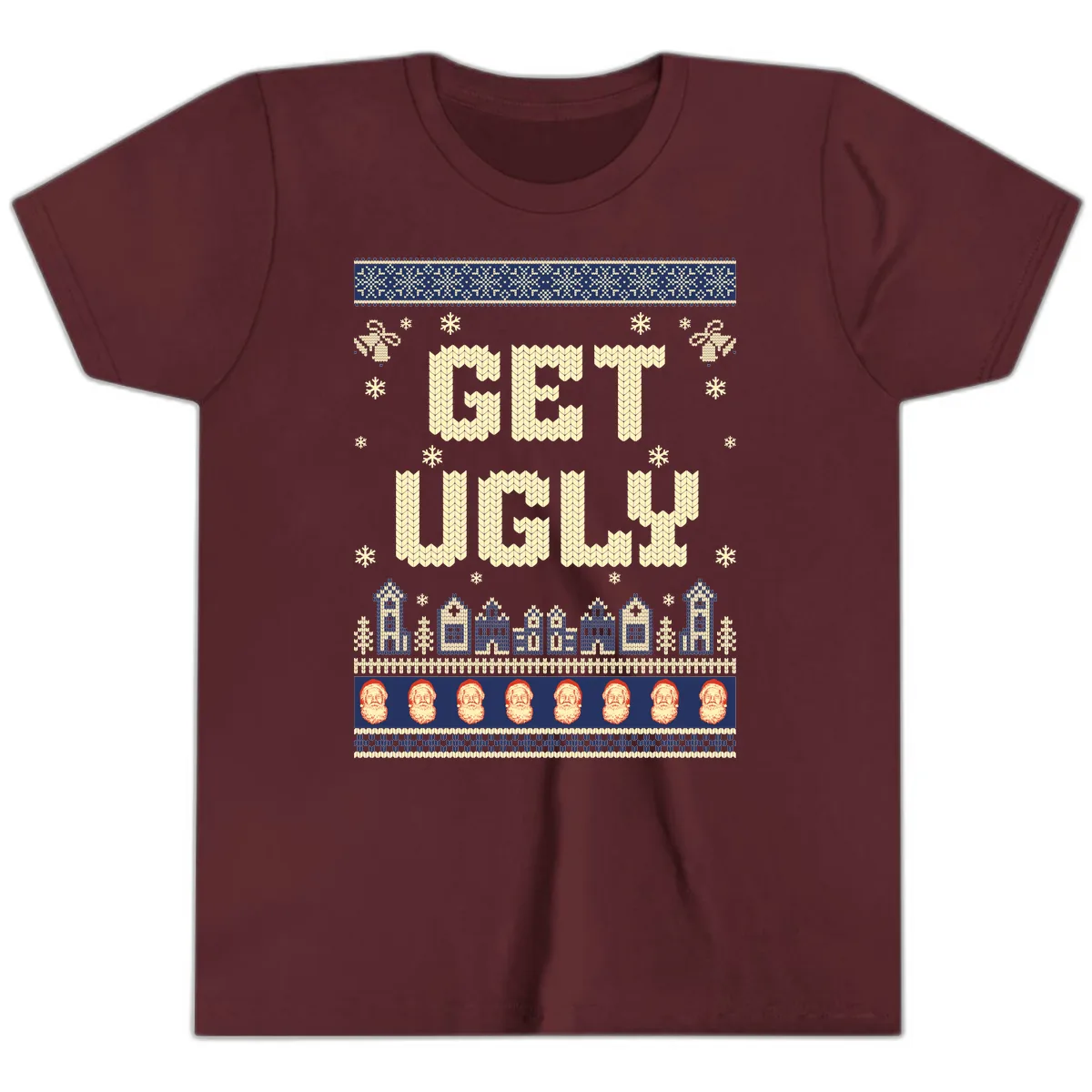 Get Ugly Christmas Sweater Design Youth T-Shirt in Maroon