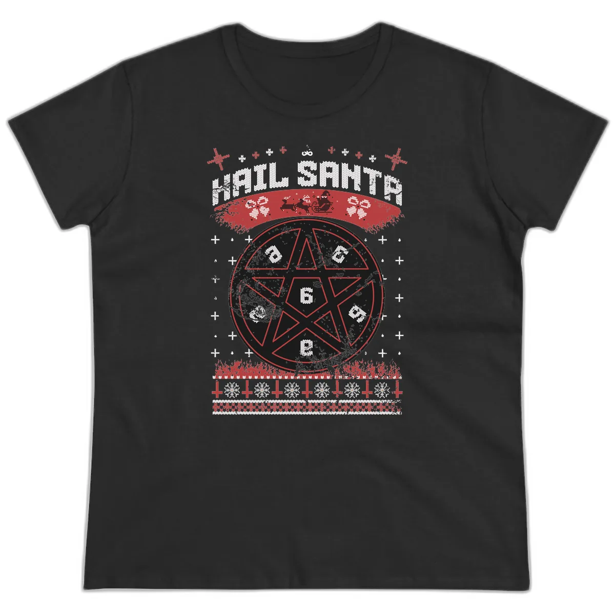 Hail Santa Ugly Christmas Sweater Ladies Tee in Black