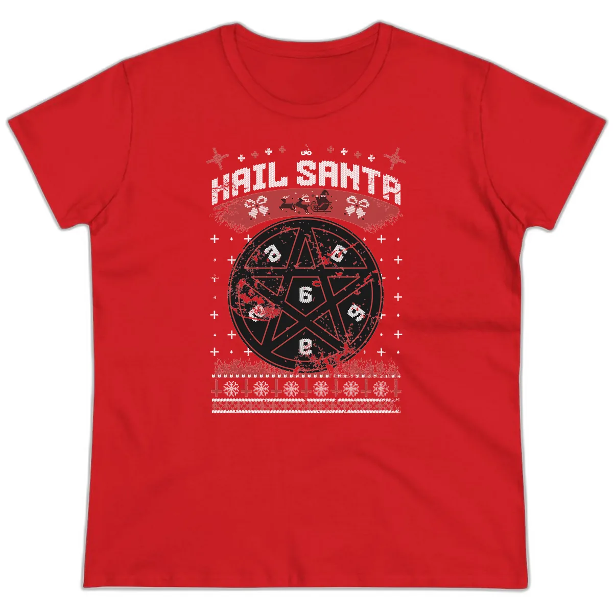 Hail Santa Ugly Christmas Sweater Ladies Tee in Red
