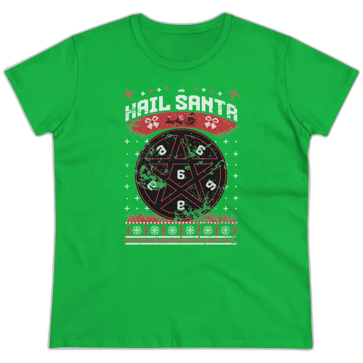 Hail Santa Ugly Christmas Sweater Ladies Tee in Irish Green