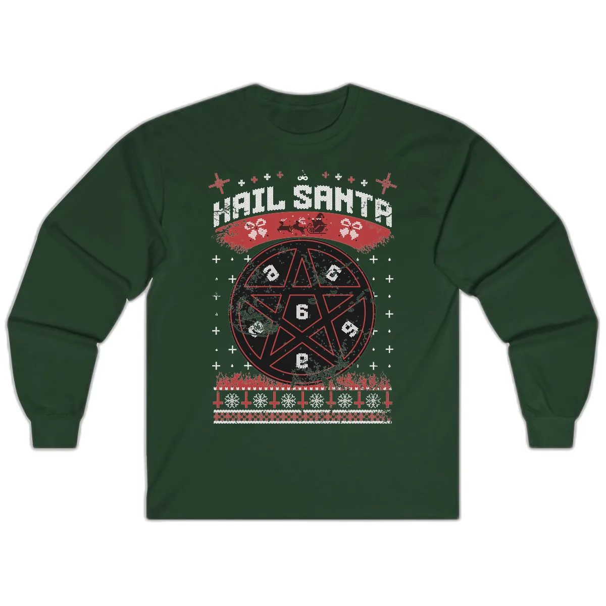 Hail Santa Ugly Christmas Sweater Long Sleeve in Forest Green