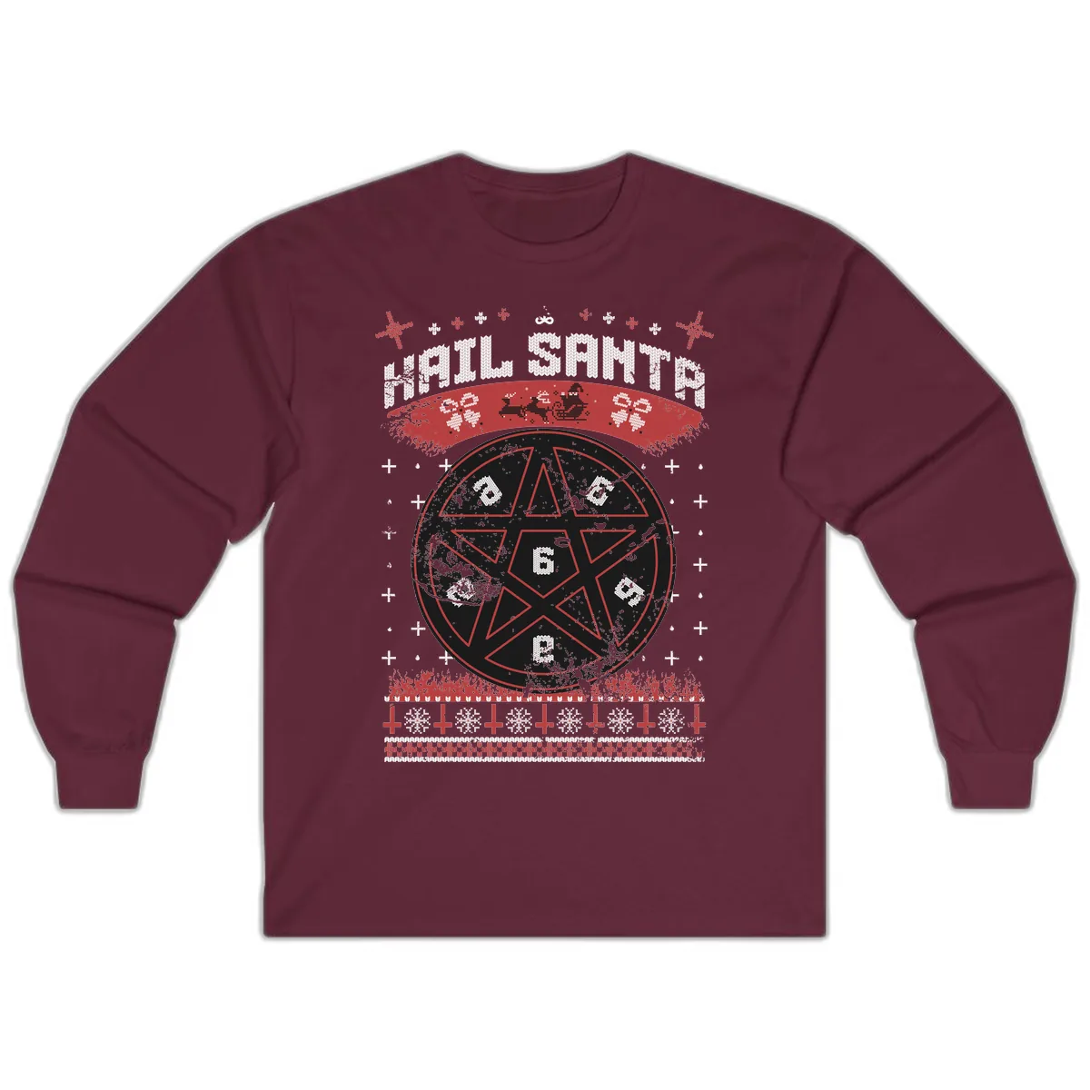 Hail Santa Ugly Christmas Sweater Long Sleeve in Maroon