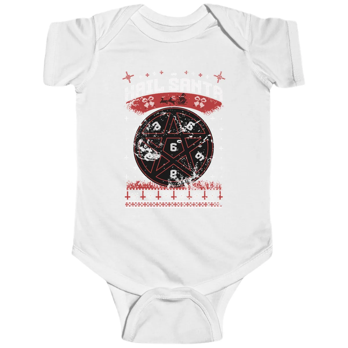 Hail Santa Ugly Christmas Sweater Baby Onesie in White