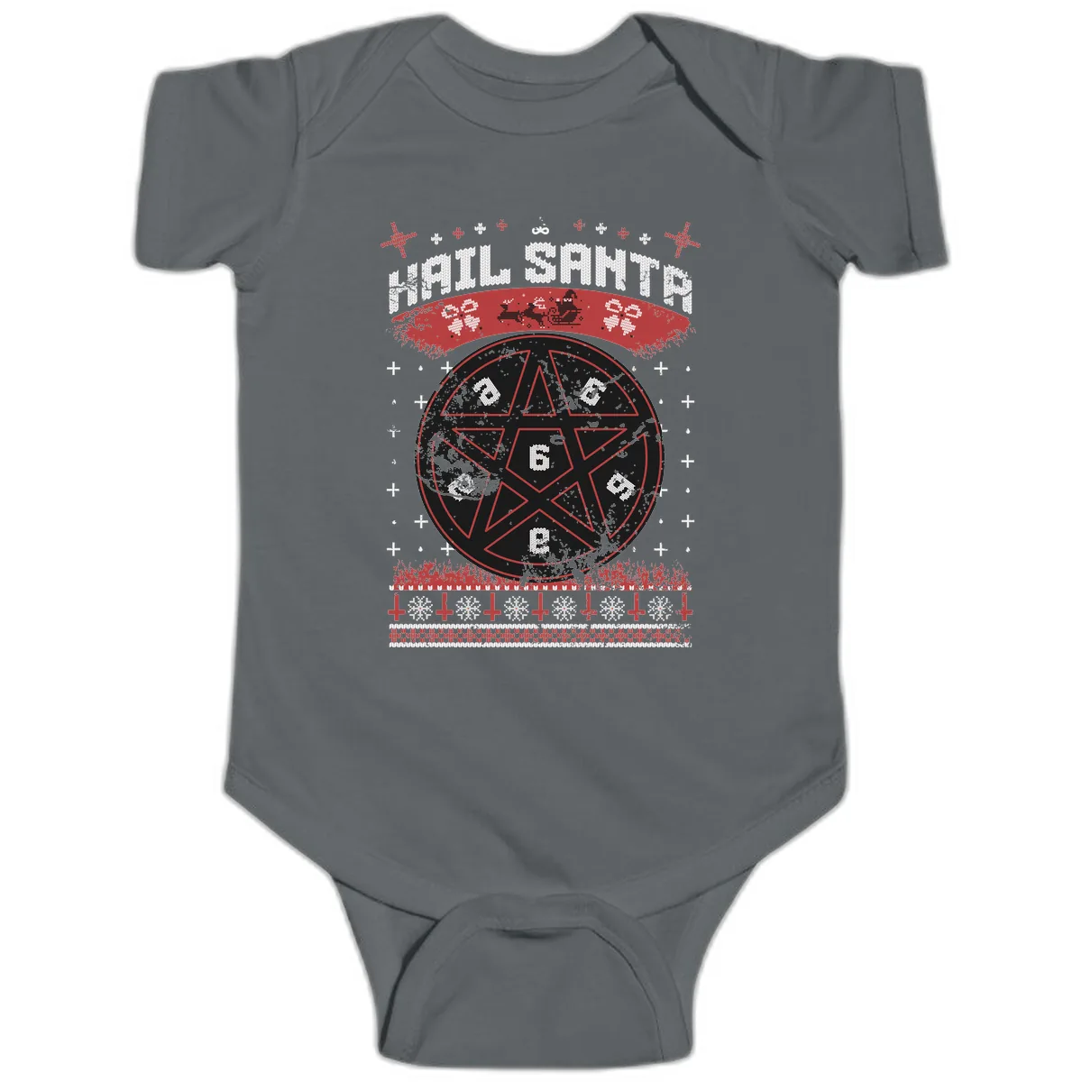 Hail Santa Ugly Christmas Sweater Baby Onesie in Charcoal