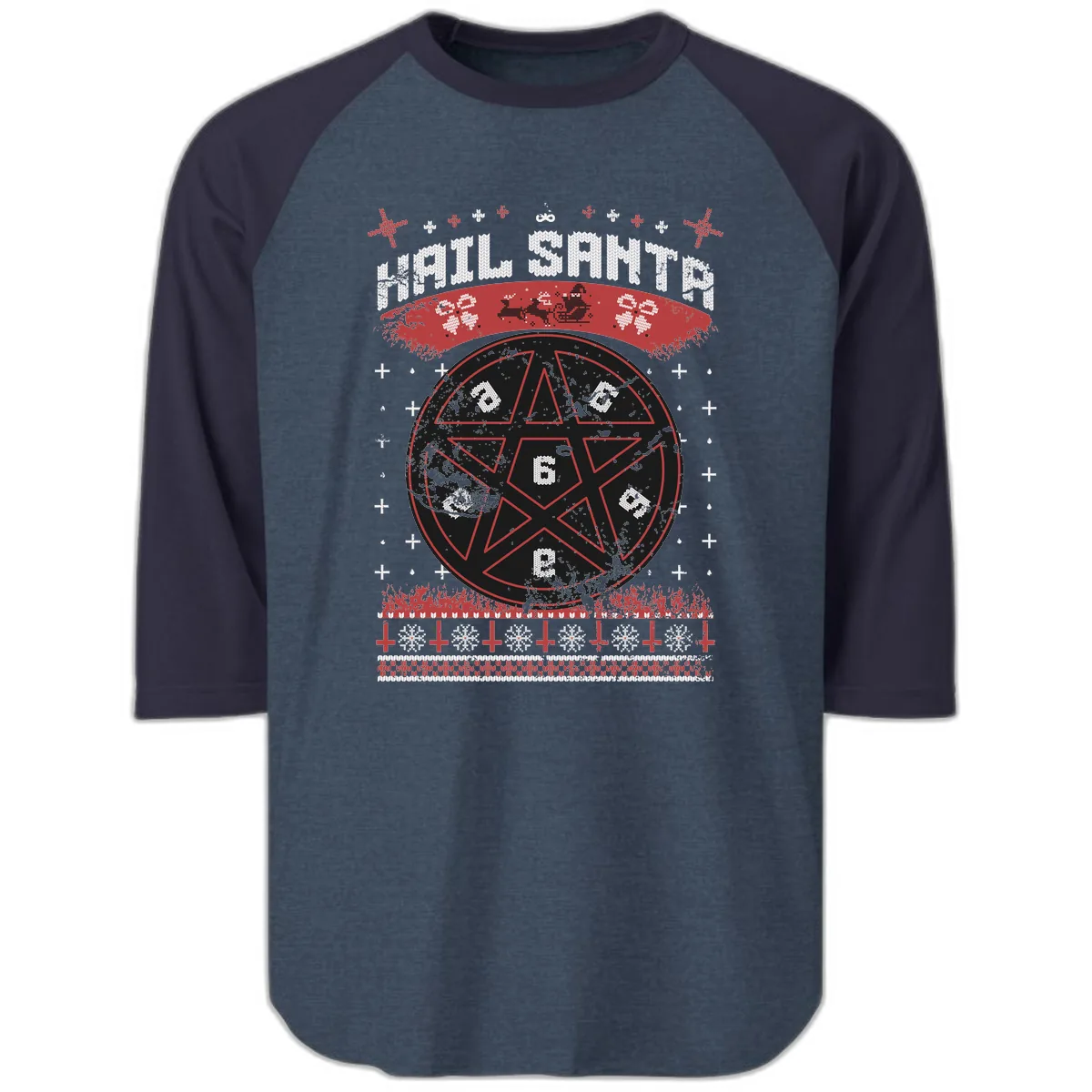 Hail Santa Ugly Christmas Sweater Raglan 3/4 in Heather Denim Navy