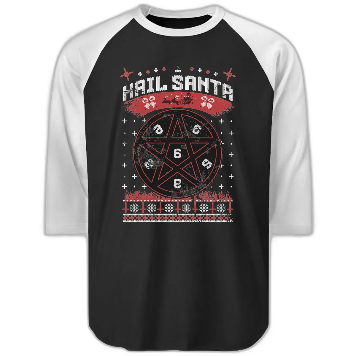 Hail Santa Ugly Christmas Sweater Raglan 3/4 in Black White