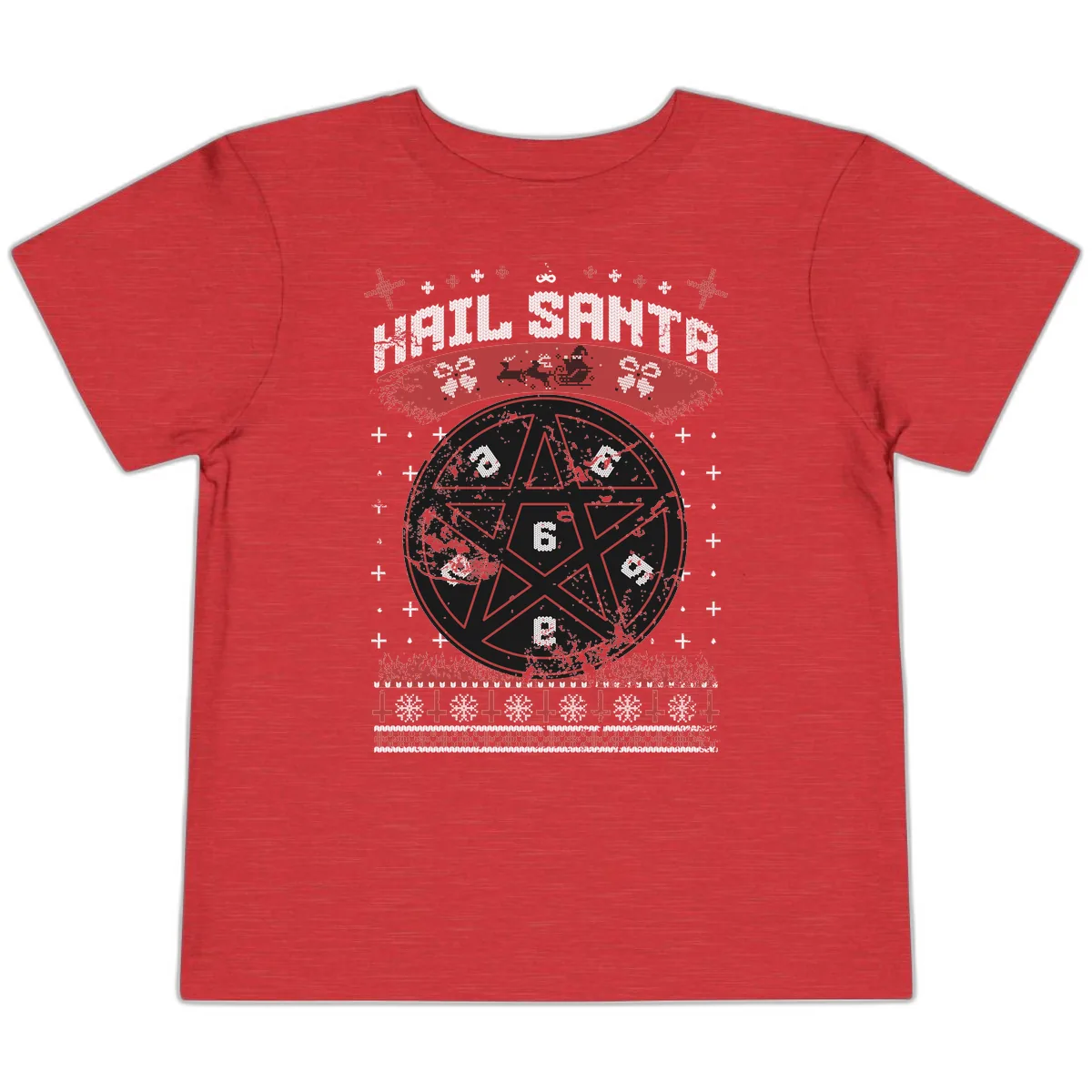 Hail Santa Ugly Christmas Sweater Toddler T-Shirt in Heather Red