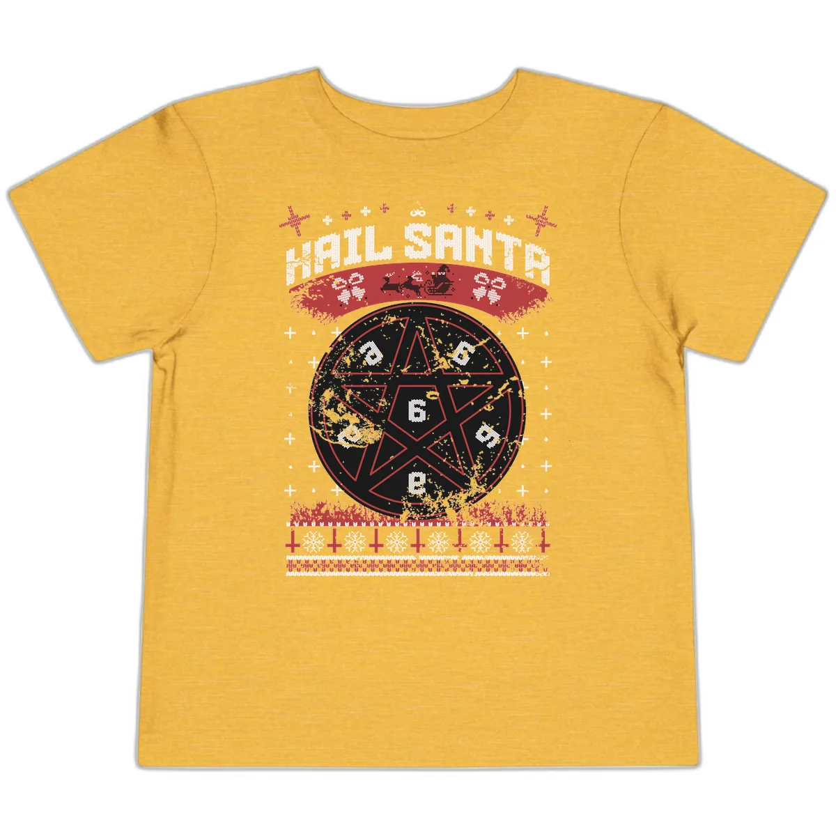 Hail Santa Ugly Christmas Sweater Toddler T-Shirt in Heather Yellow Gold