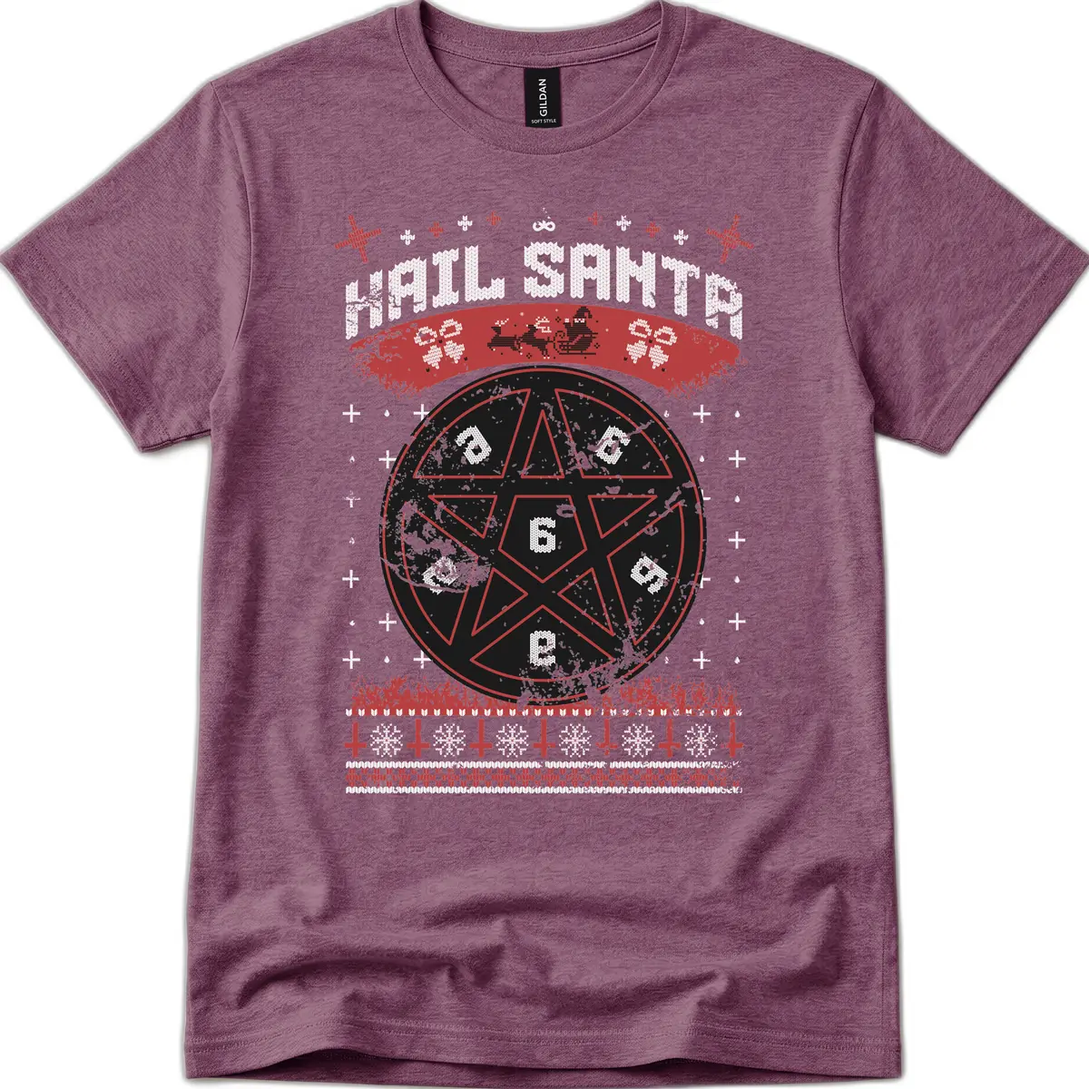 Hail Santa Ugly Christmas Sweater T-Shirt in Heather Maroon