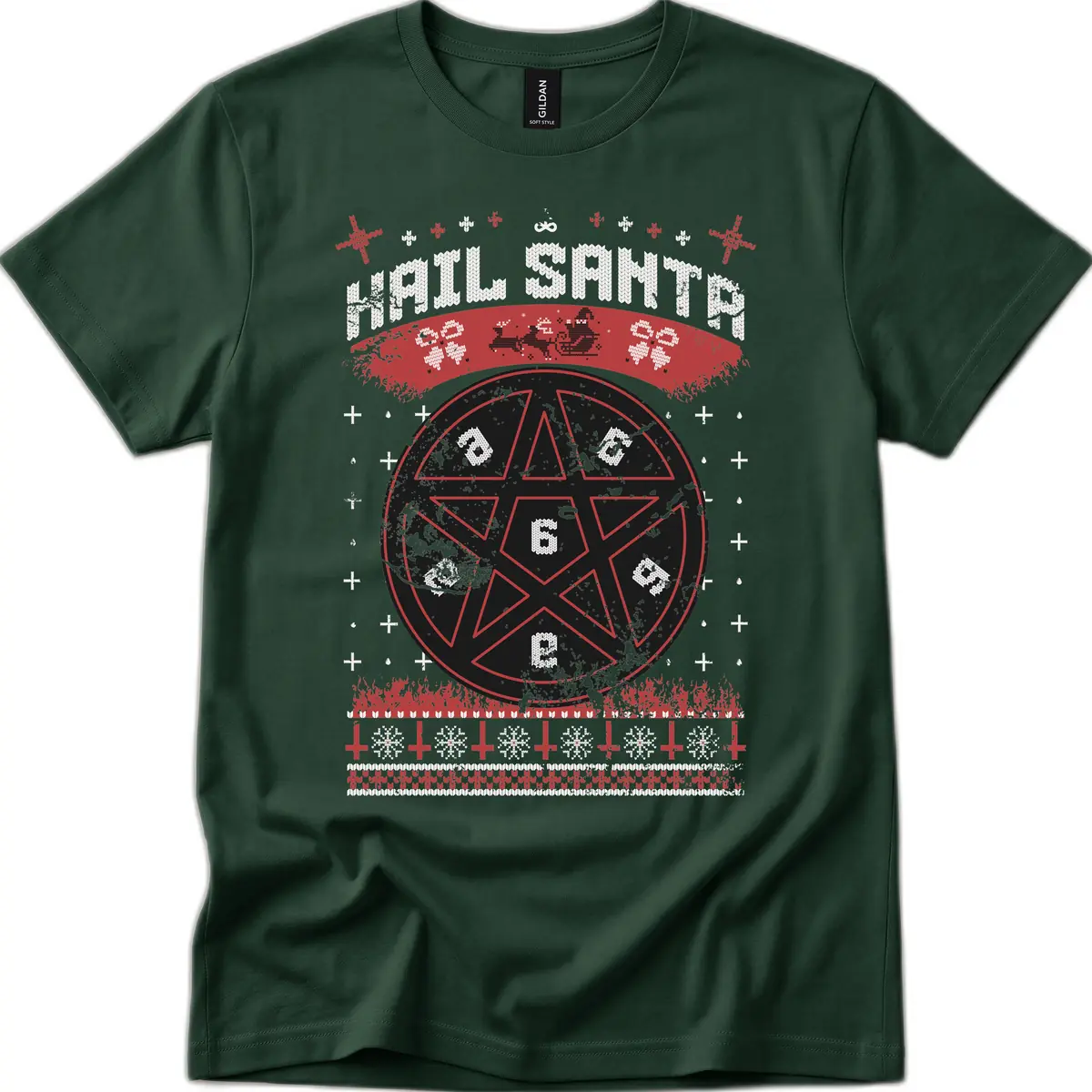 Hail Santa Ugly Christmas Sweater T-Shirt in Forest Green