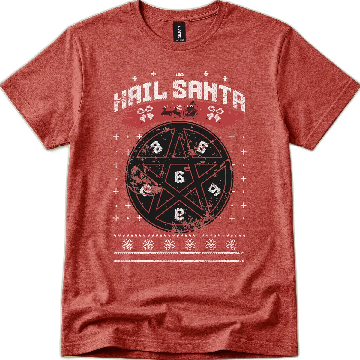 Hail Santa Ugly Christmas Sweater T-Shirt in Heather Cardinal