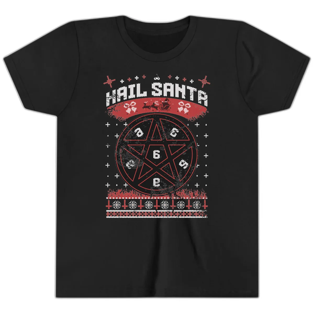 Hail Santa Ugly Christmas Sweater Youth T-Shirt in Black