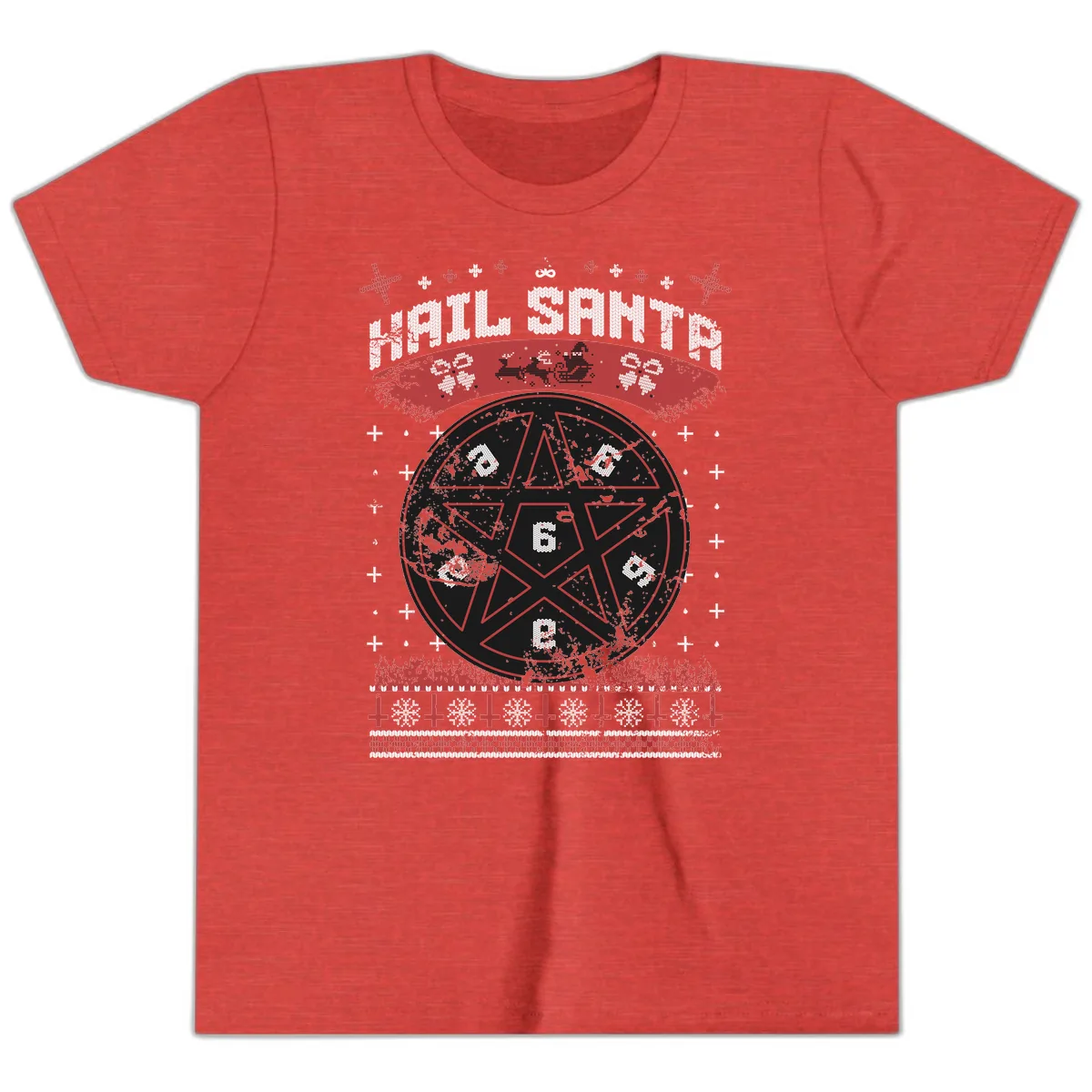 Hail Santa Ugly Christmas Sweater Youth T-Shirt in Heather Red