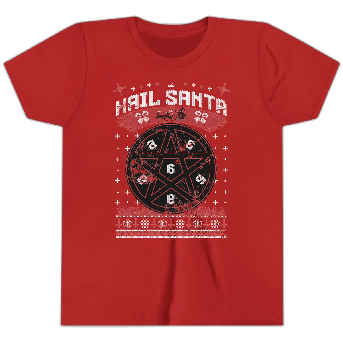 Hail Santa Ugly Christmas Sweater Youth T-Shirt in Red