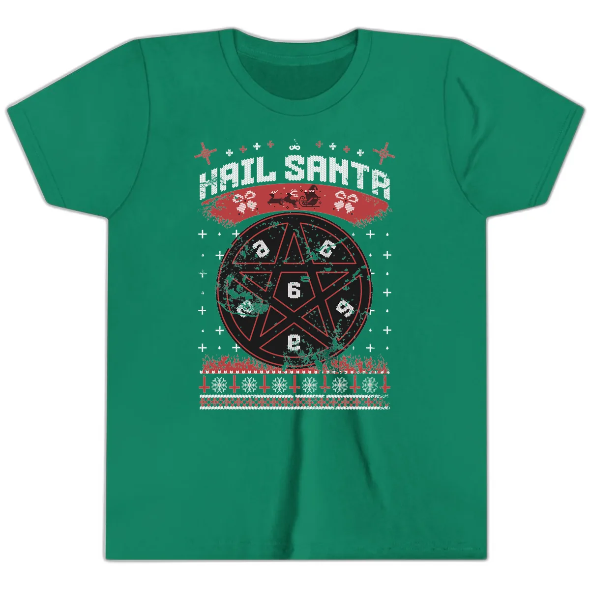 Hail Santa Ugly Christmas Sweater Youth T-Shirt in Kelly