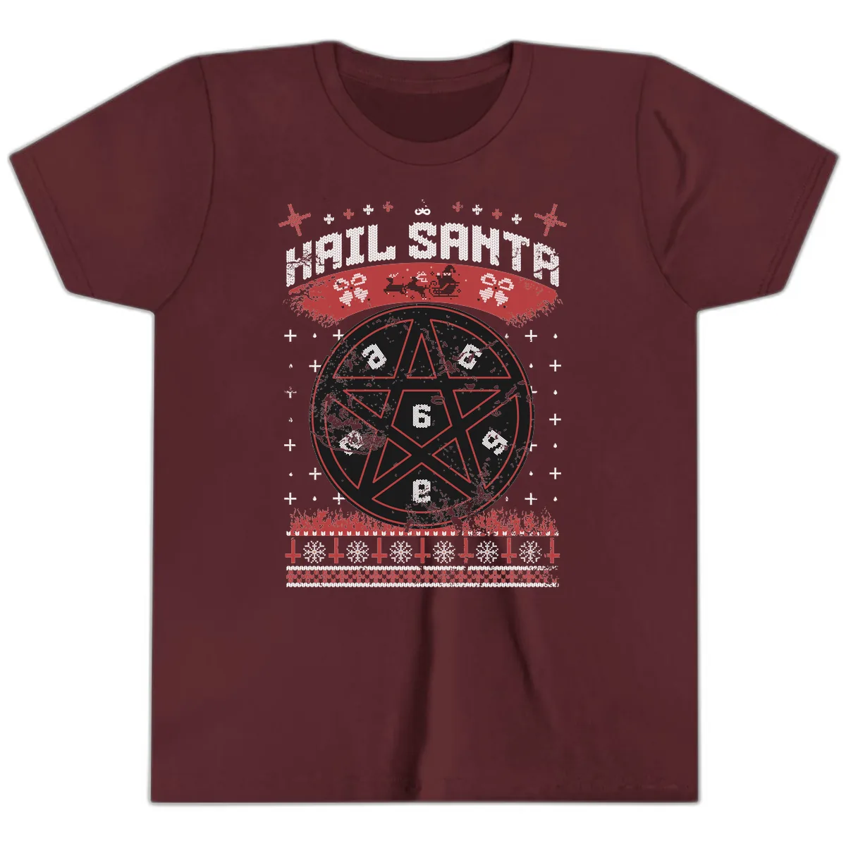 Hail Santa Ugly Christmas Sweater Youth T-Shirt in Maroon