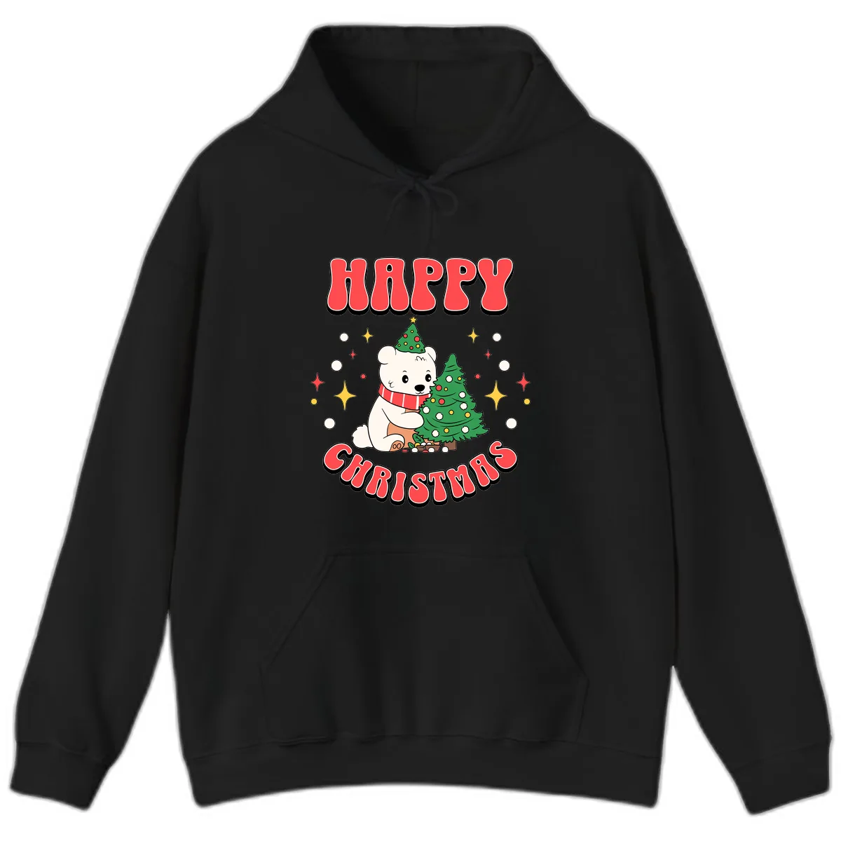 Happy Polar Bear Christmas Hoodie in Black