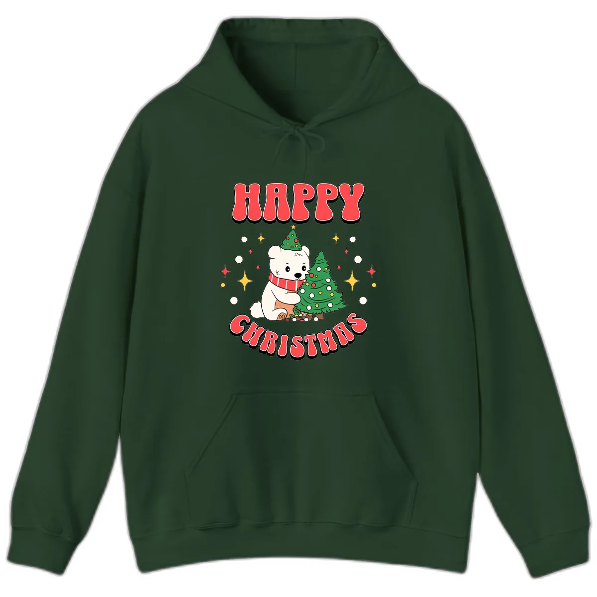 Happy Polar Bear Christmas Hoodie in Forest Green