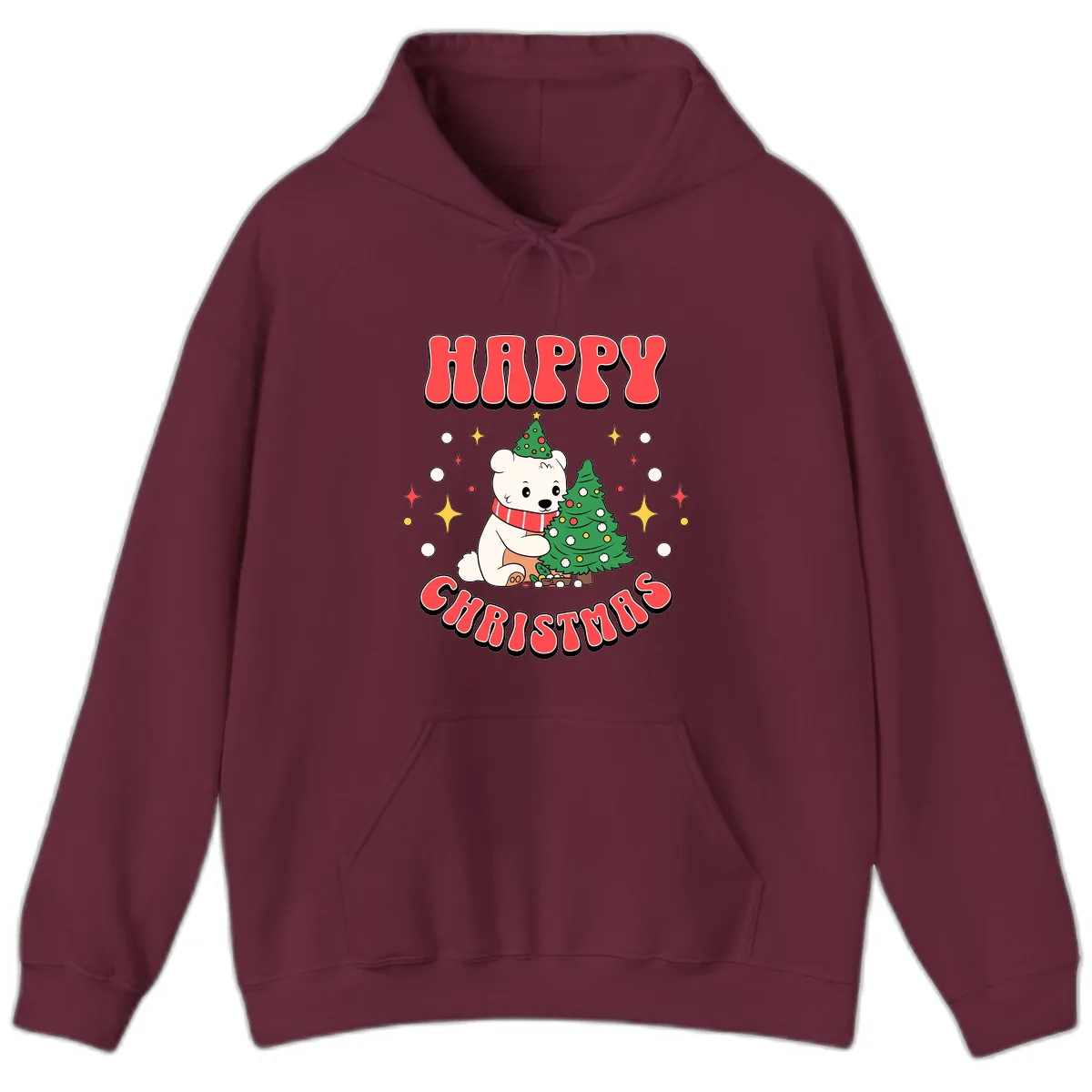 Happy Polar Bear Christmas Hoodie in Maroon
