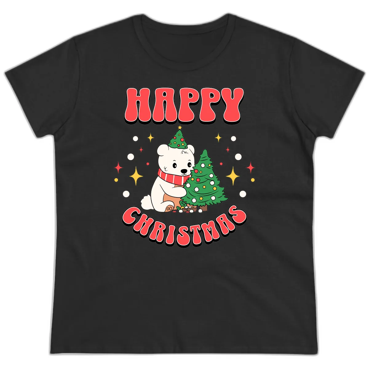 Happy Polar Bear Christmas Ladies Tee in Black