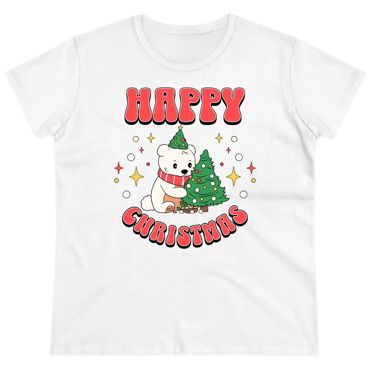 Happy Polar Bear Christmas Ladies Tee in White