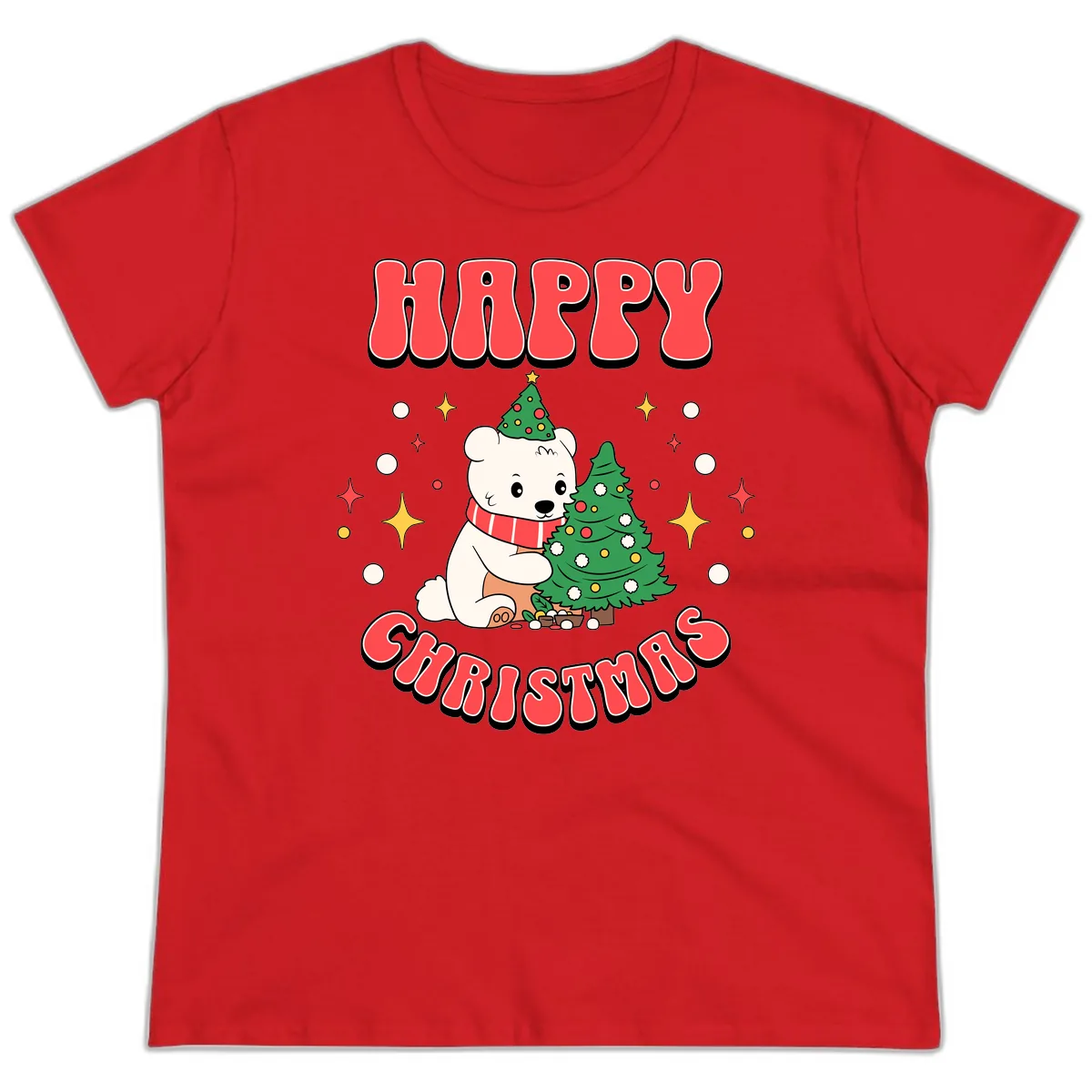 Happy Polar Bear Christmas Ladies Tee in Red
