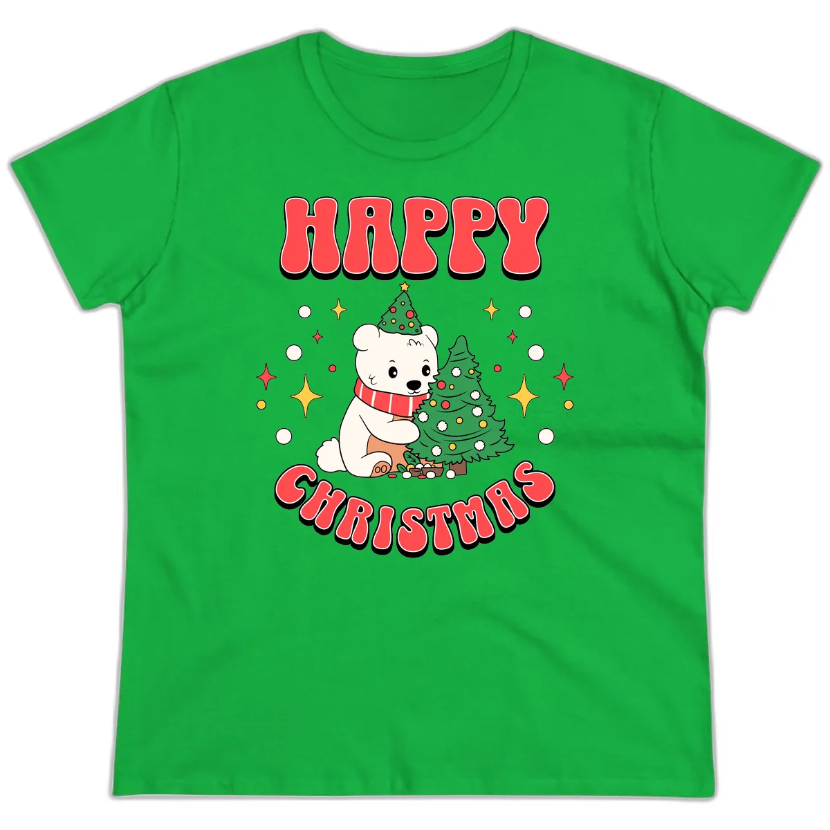 Happy Polar Bear Christmas Ladies Tee in Irish Green