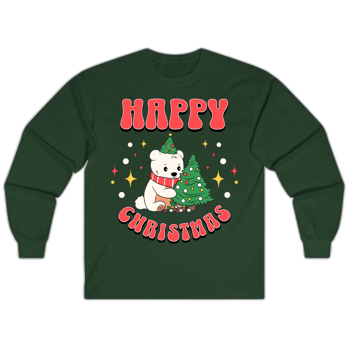 Happy Polar Bear Christmas Long Sleeve in Forest Green
