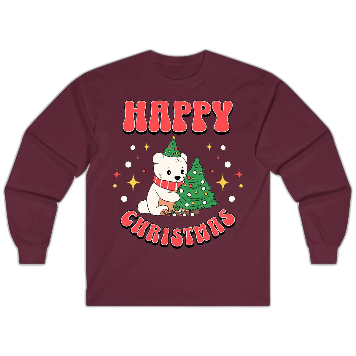 Happy Polar Bear Christmas Long Sleeve in Maroon