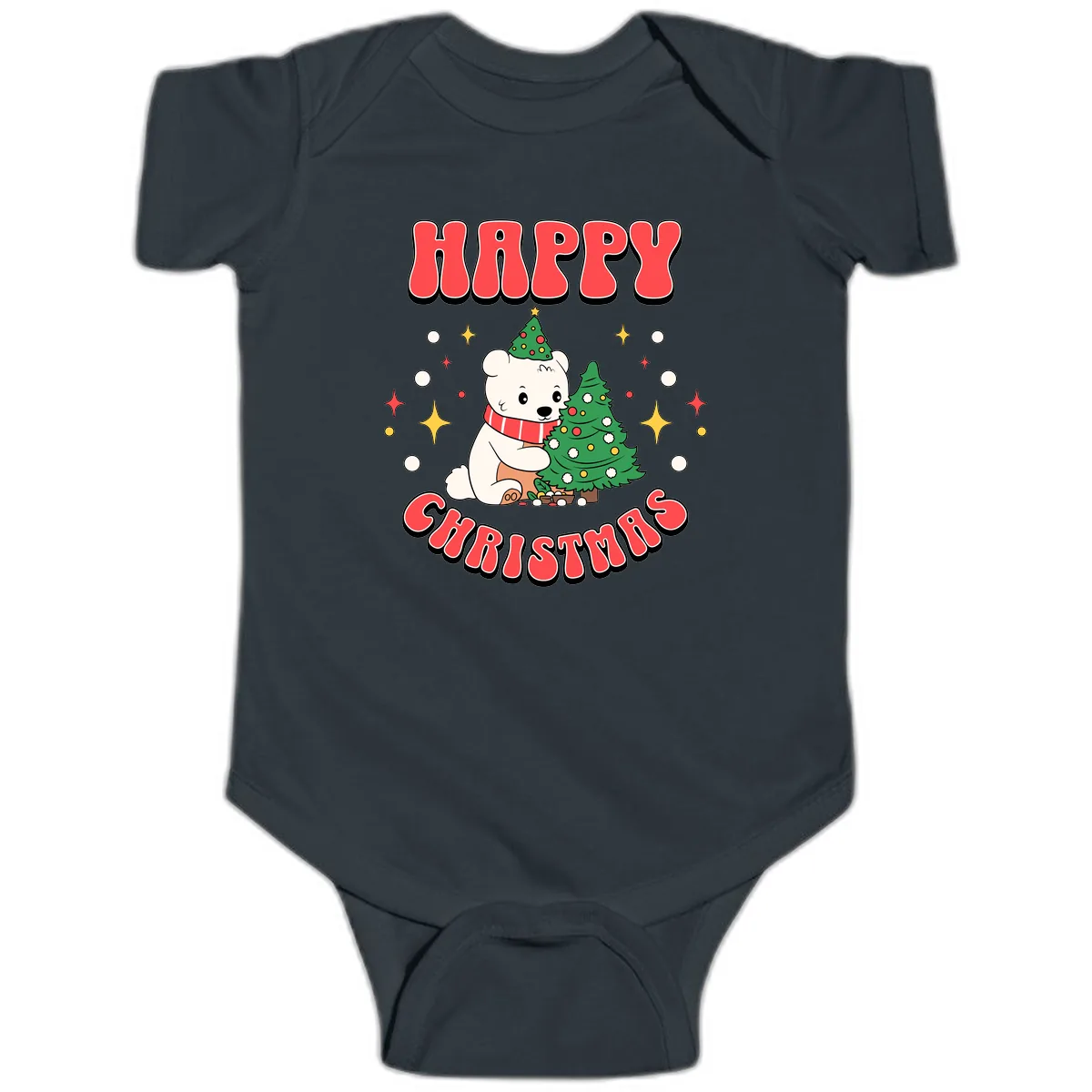 Happy Polar Bear Christmas Baby Onesie in Black