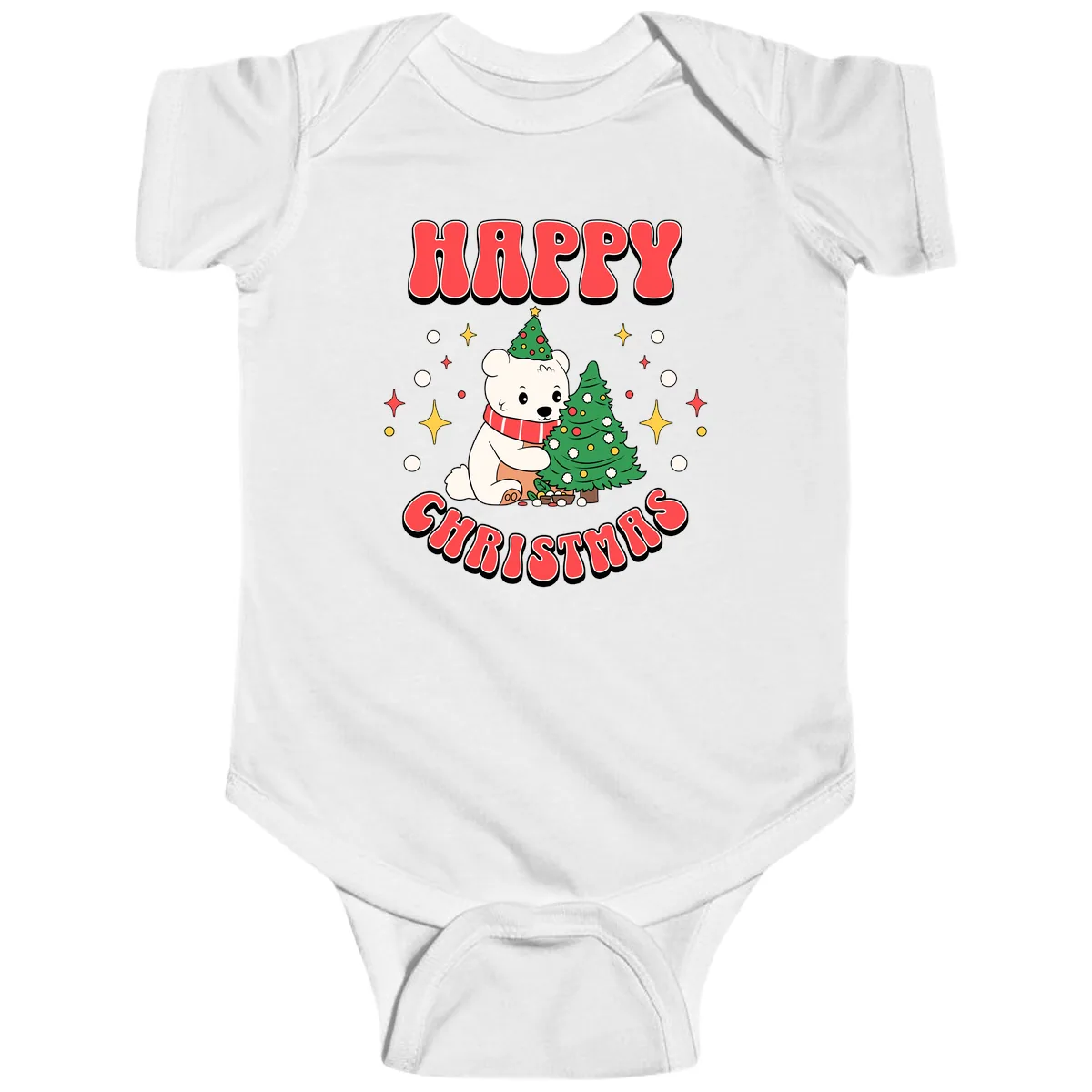 Happy Polar Bear Christmas Baby Onesie in White