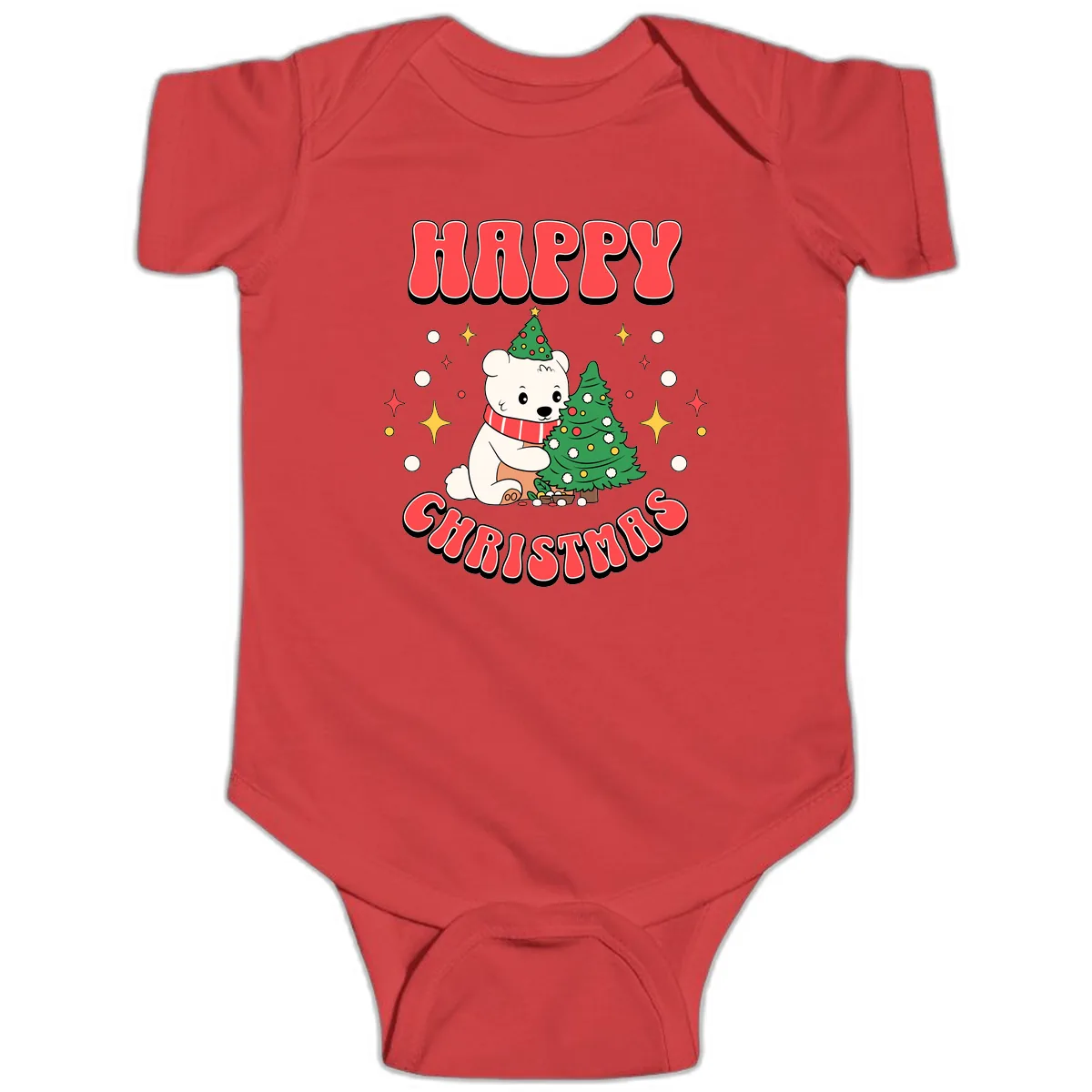 Happy Polar Bear Christmas Baby Onesie in Red