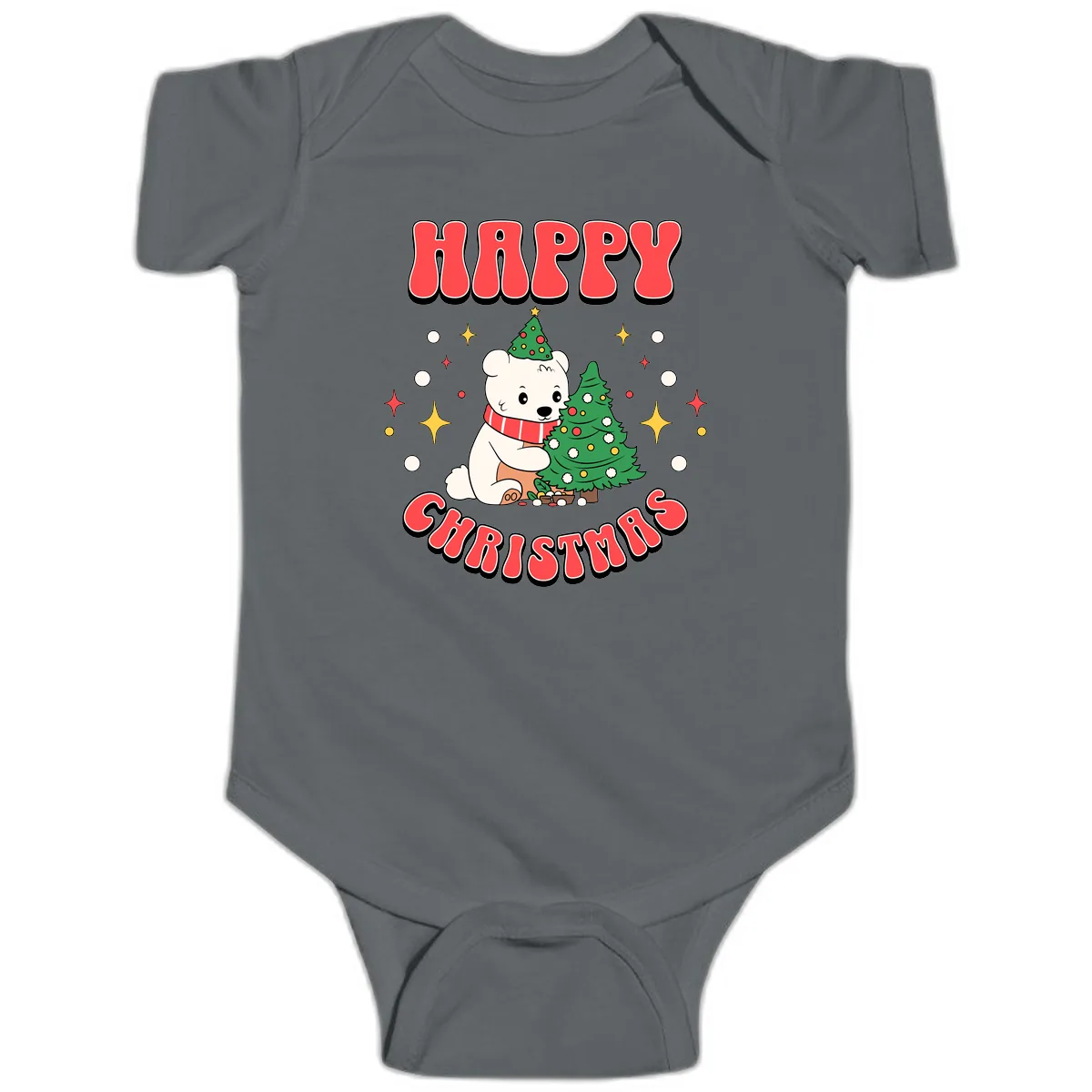Happy Polar Bear Christmas Baby Onesie in Charcoal