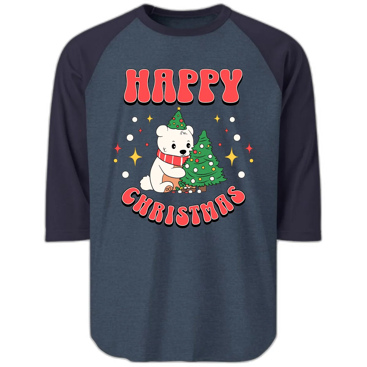 Happy Polar Bear Christmas Raglan 3/4 in Heather Denim Navy