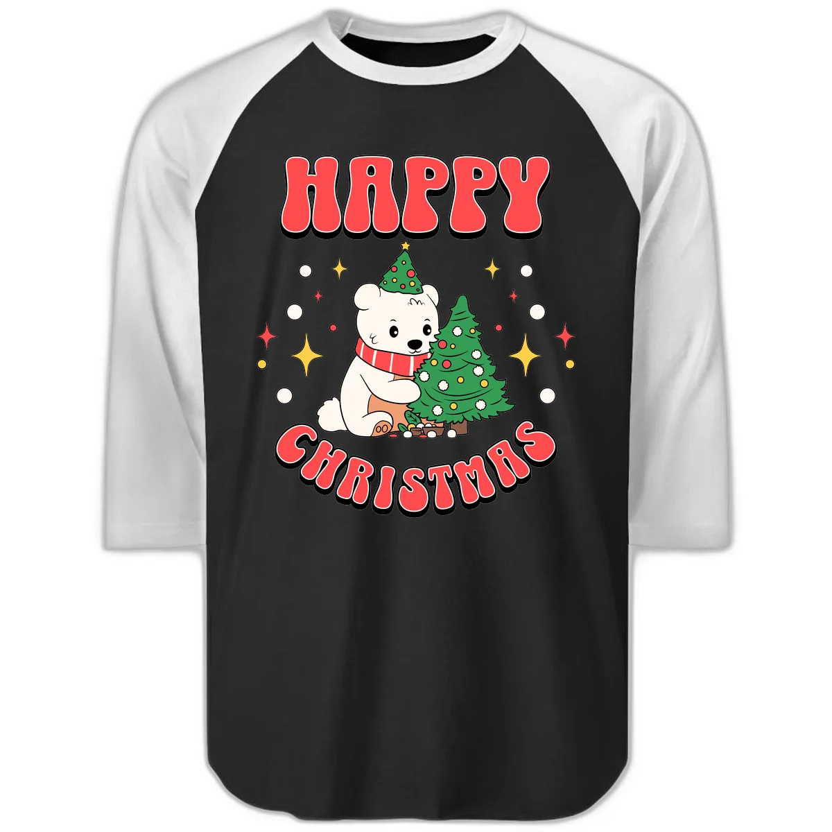 Happy Polar Bear Christmas Raglan 3/4 in Black White