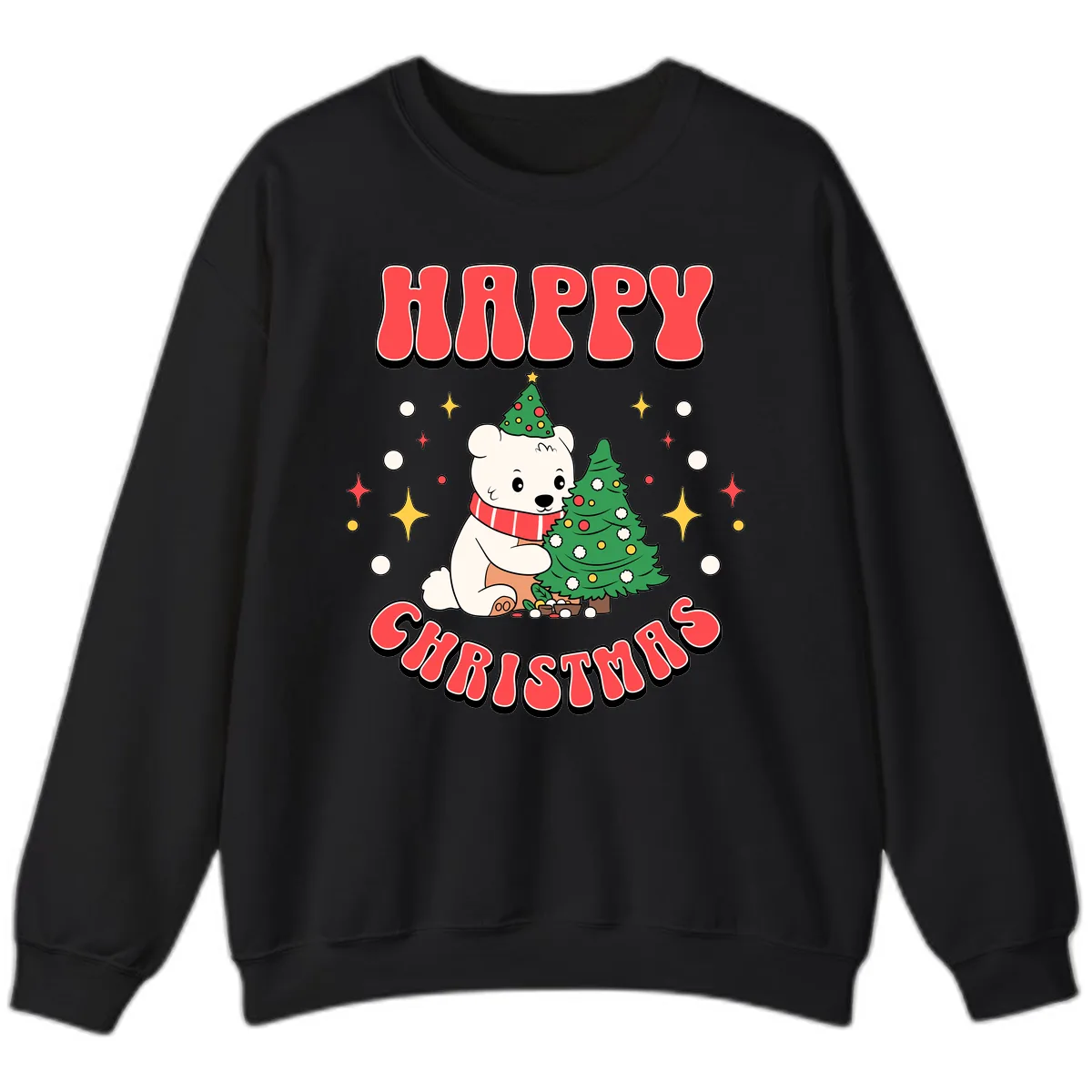 Happy Polar Bear Christmas Sweatshirt in Black