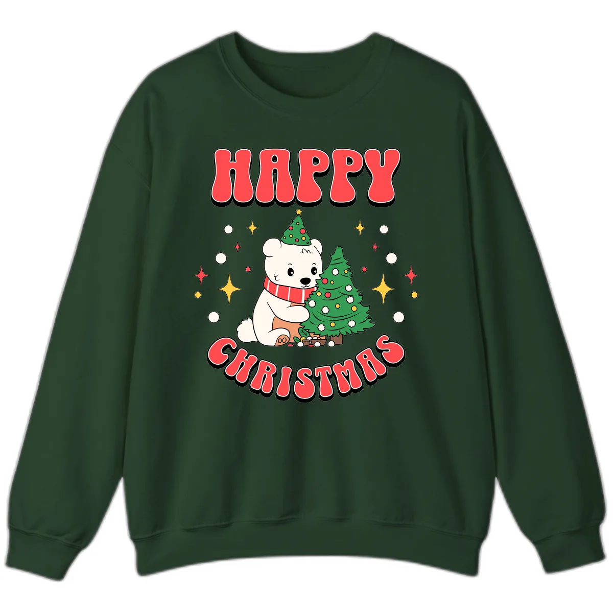 Happy Polar Bear Christmas Sweatshirt in Forest Green