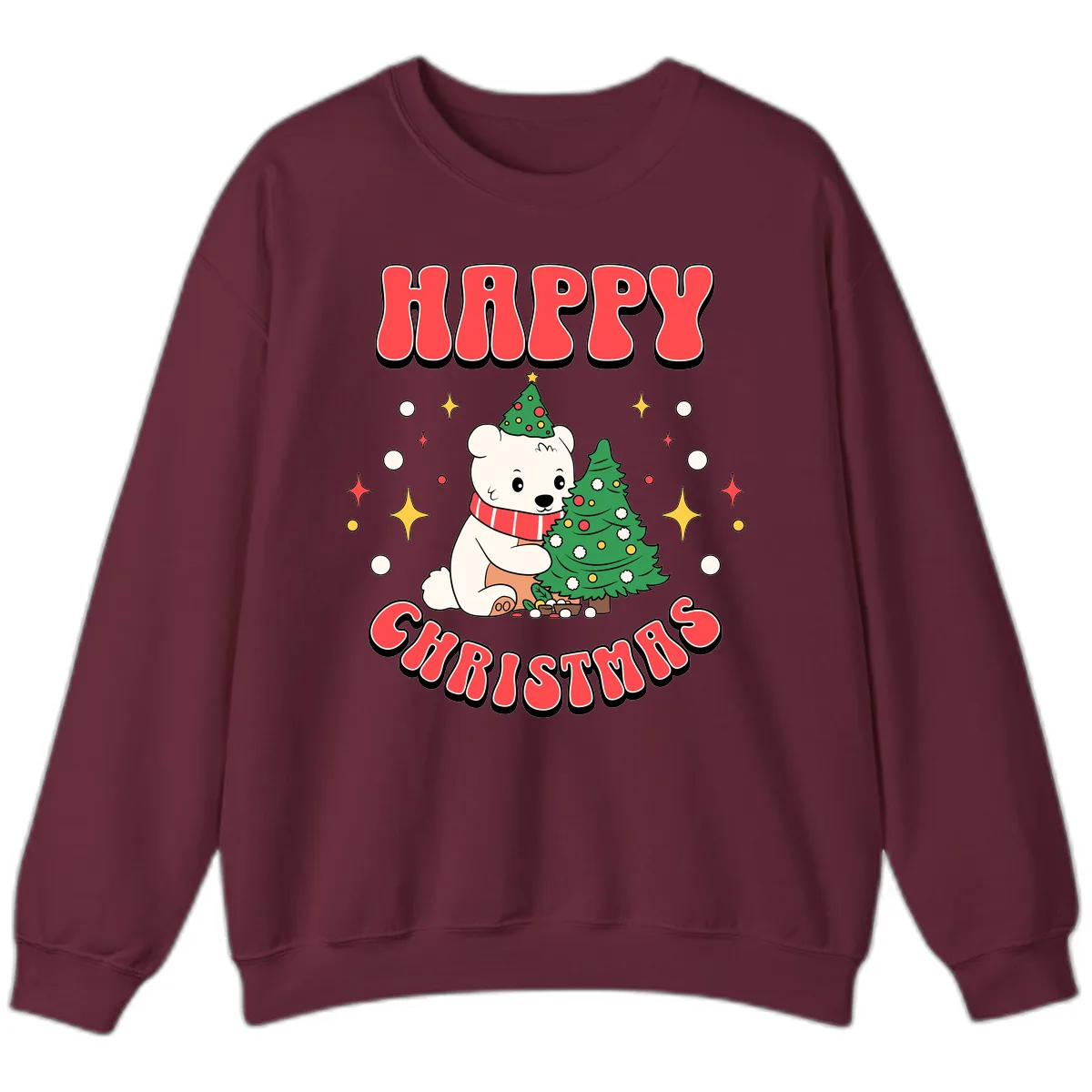 Happy Polar Bear Christmas Sweatshirt in Maroon