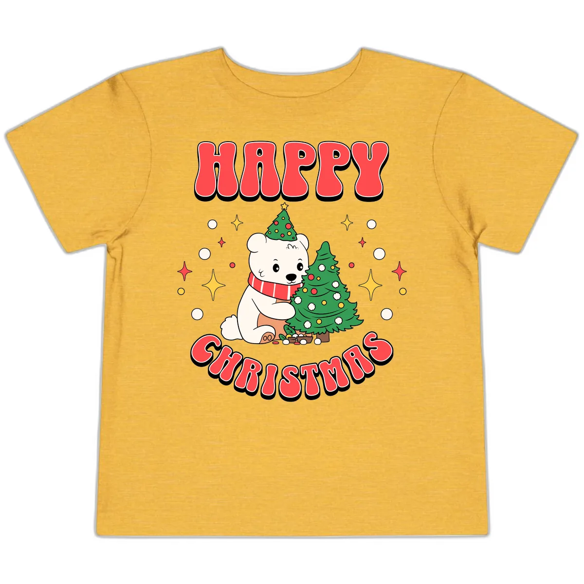 Happy Polar Bear Christmas Toddler T-Shirt in Heather Yellow Gold